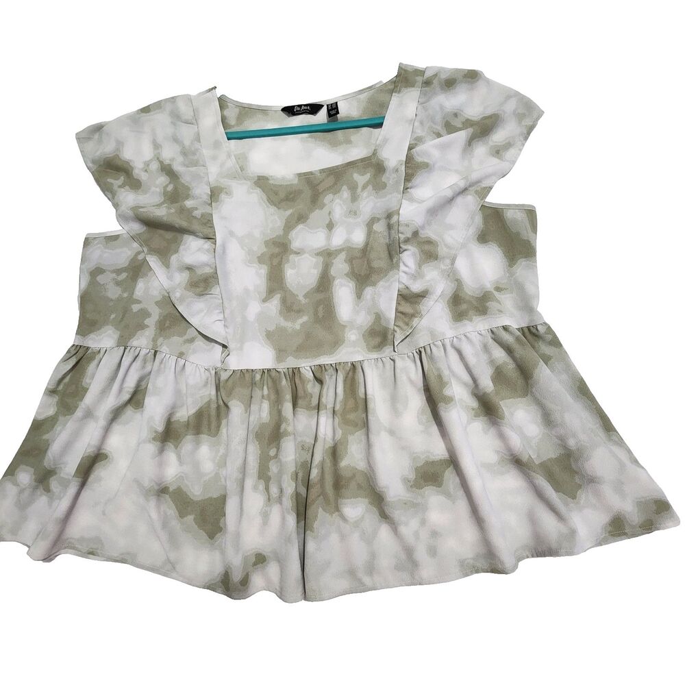 Du Jour Women's Pullover Tie-Dye Square Neck Ruffle Blouse Top Olive Sz 2X NWOT